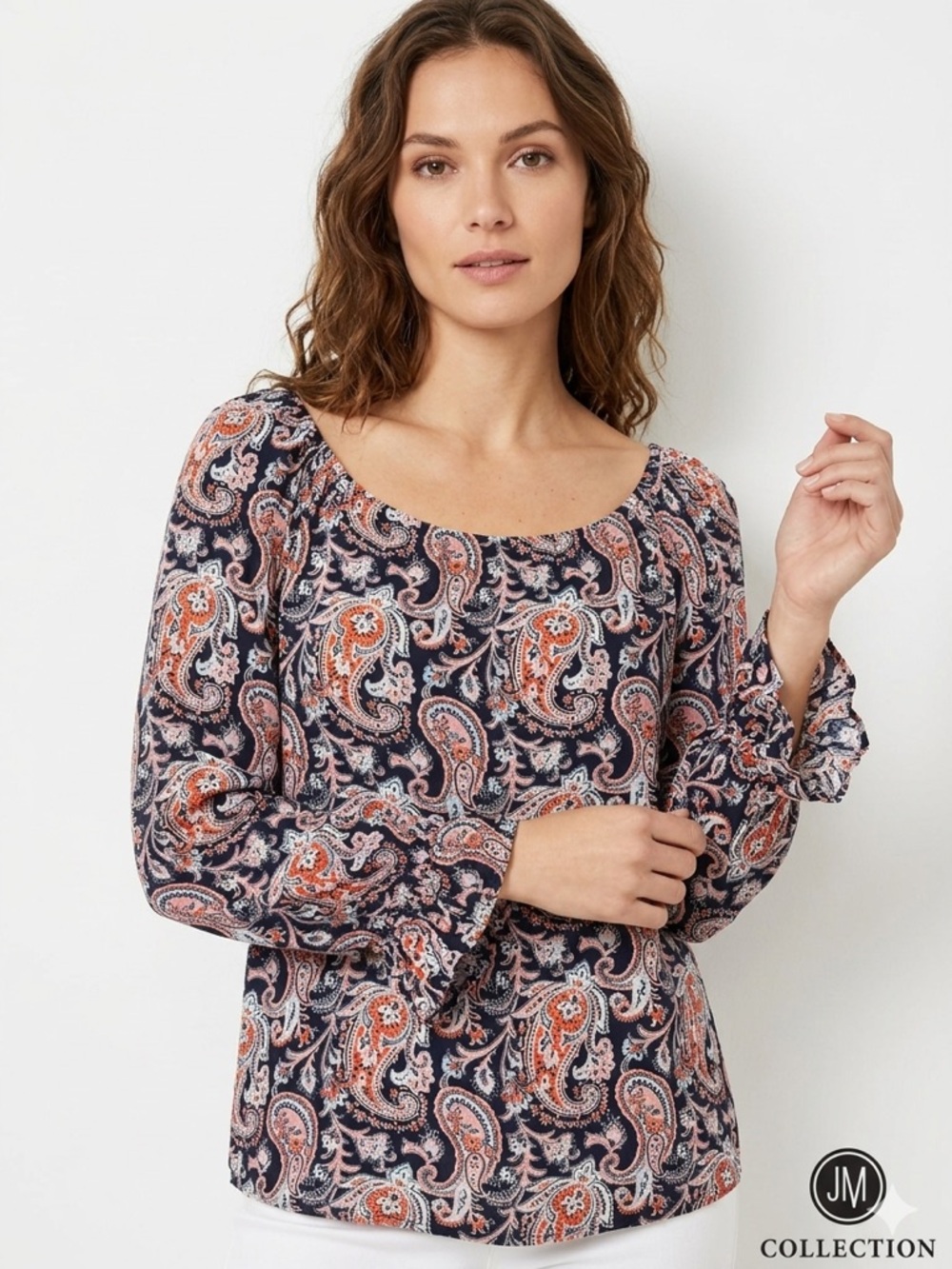 JM Collection Paisley Print Ruffle Cuff Top Women's Size S